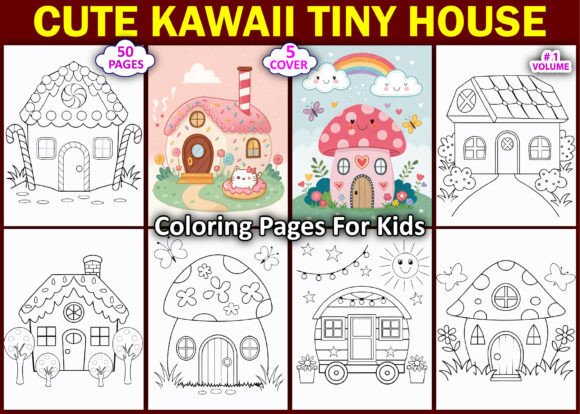 50 Cute Kawaii Tiny House Coloring Page: A Unique Digital Coloring Book for Kids and Adults