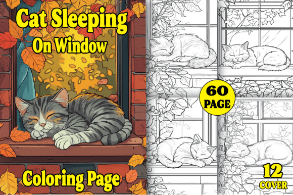 Autumn Cat on Window Sill Coloring